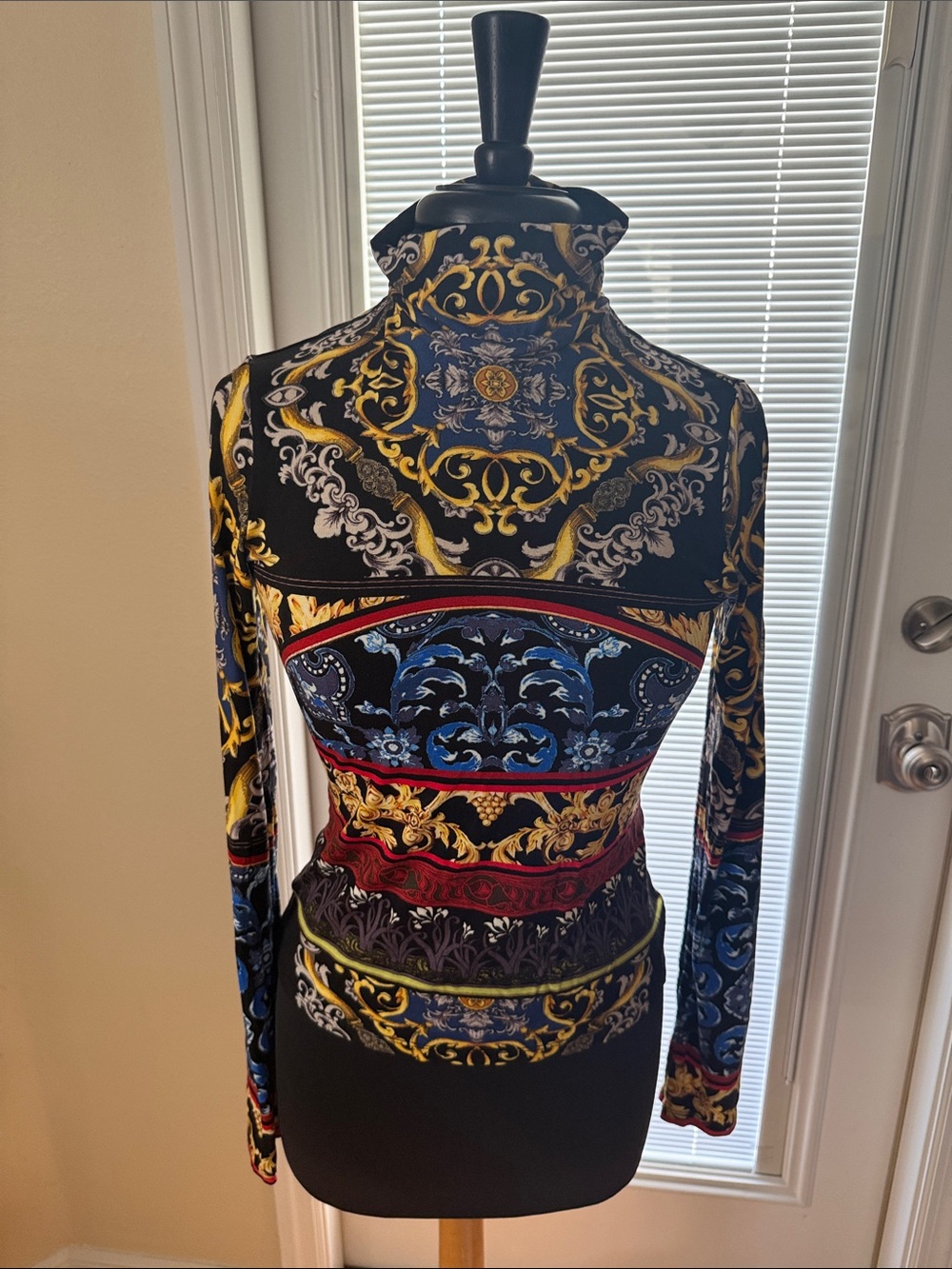 Alice + Olivia Black Turtleneck with Gold, Blue and Red Baroque Motif
